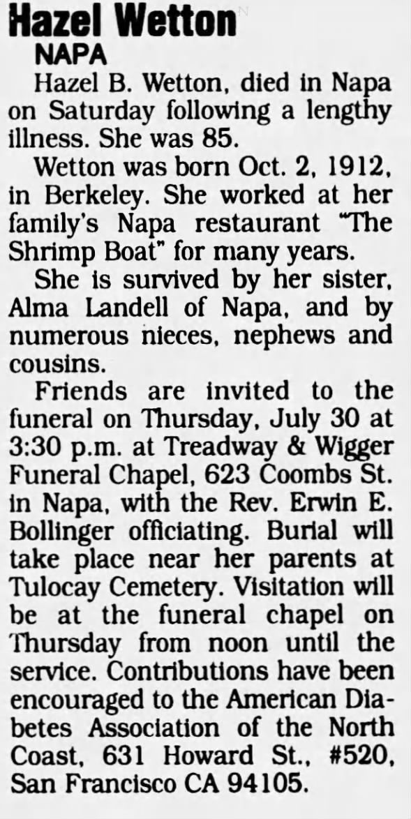 Obituary for Hazel B. Wetton (Aged 85)